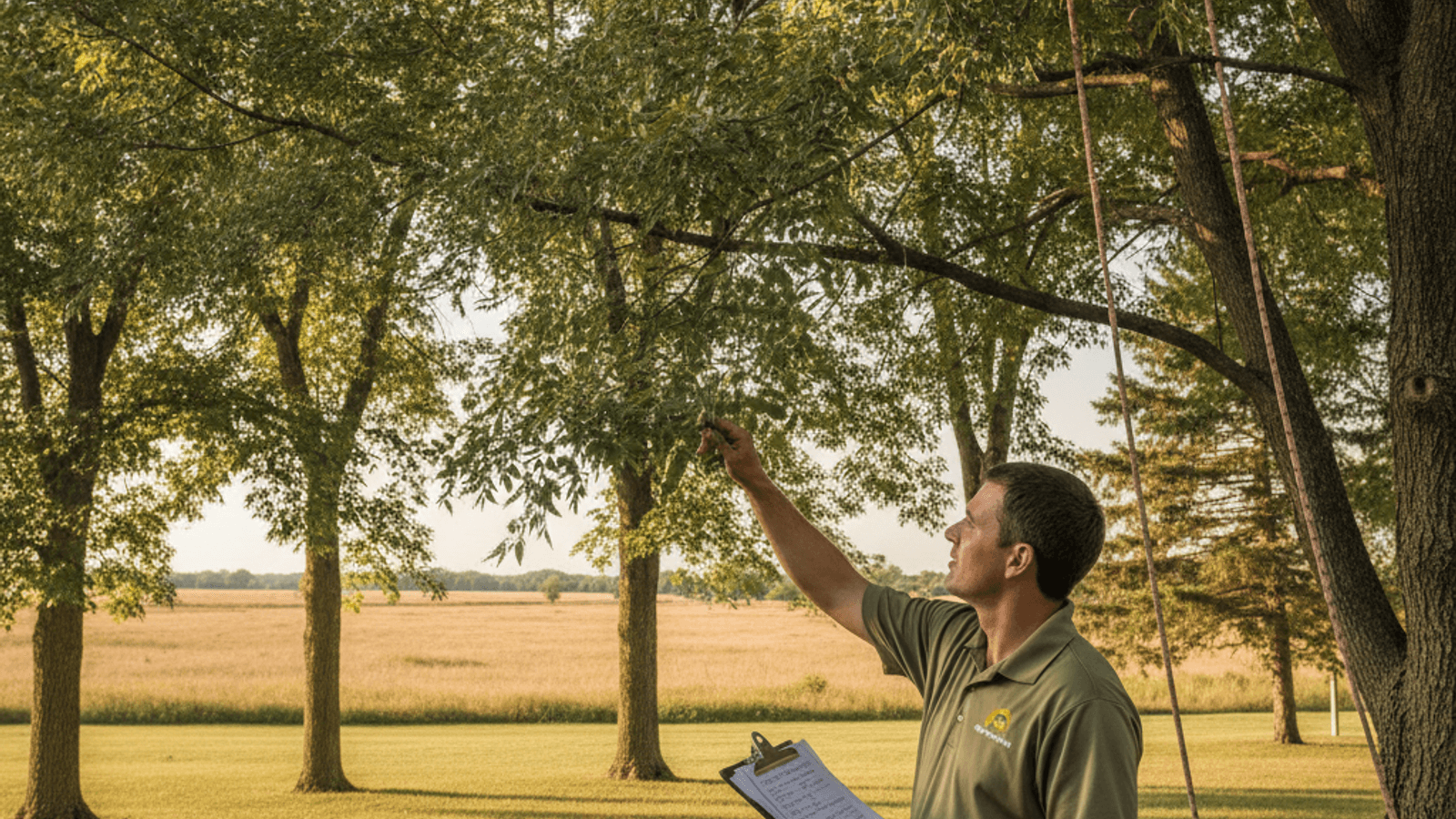 Arborist examining the compound leaves and branch structure of a mature ash tree in Topeka
