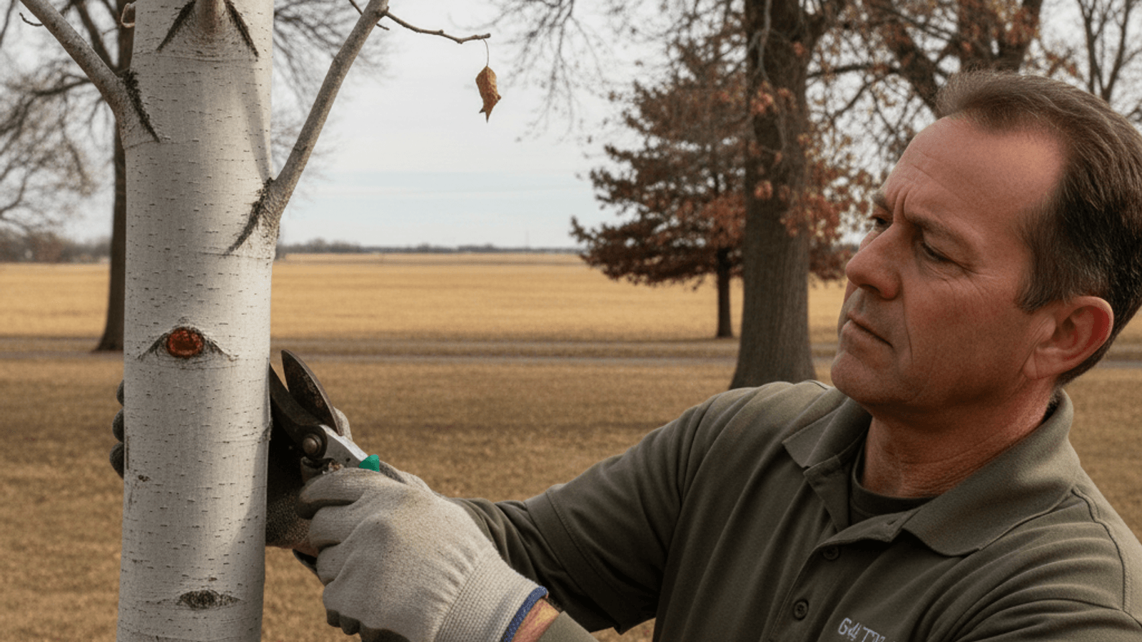 Illustration of a man in gloves holding pruning shears by pale tree bark with a red-brown spot, open lawn behind