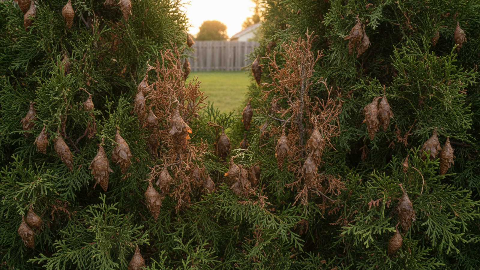 Brown bagworm bags hanging from a branch on an evergreen hedge