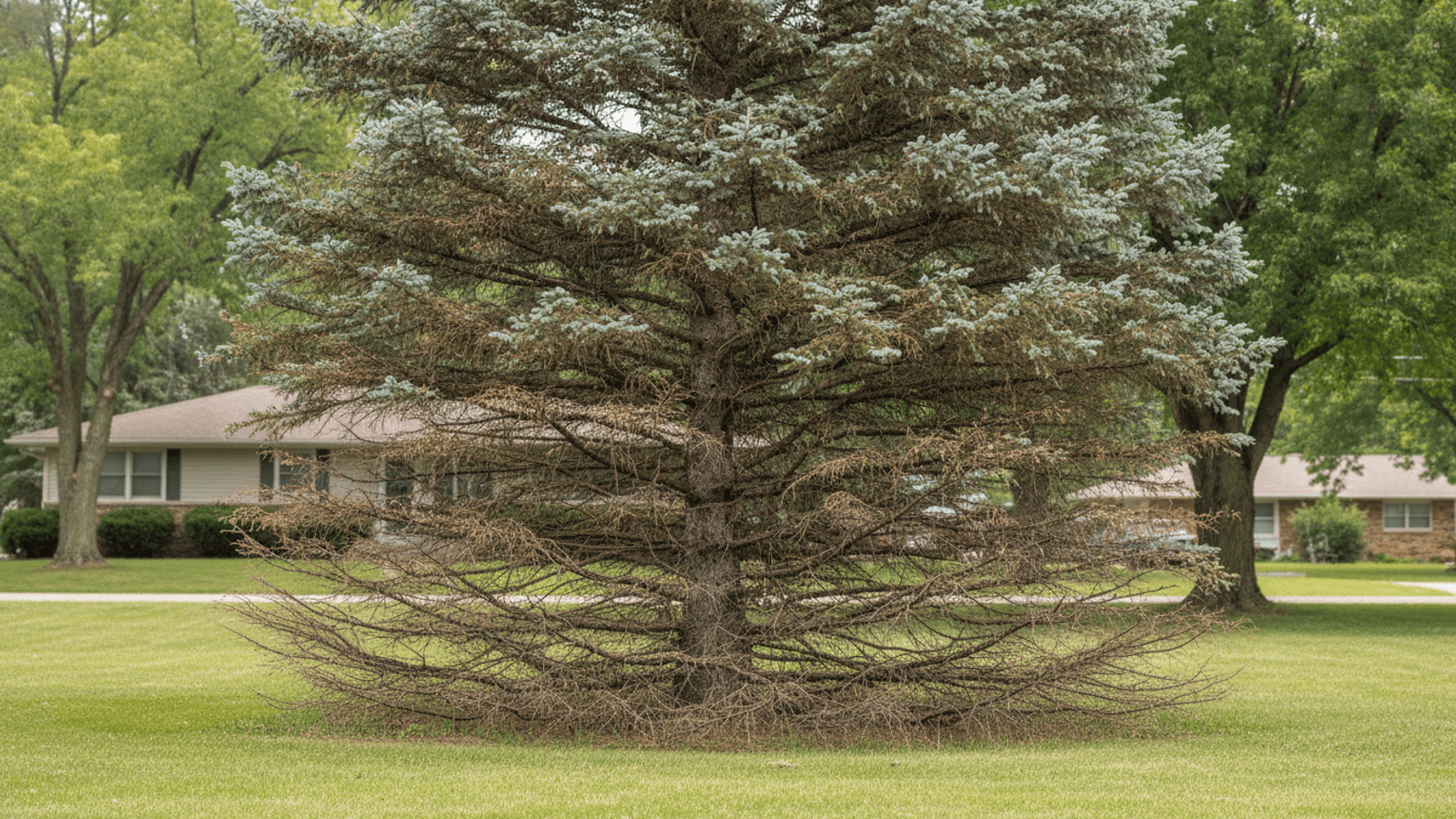 A Colorado blue spruce with brown, thinning lower branches and healthy blue-green growth at the top