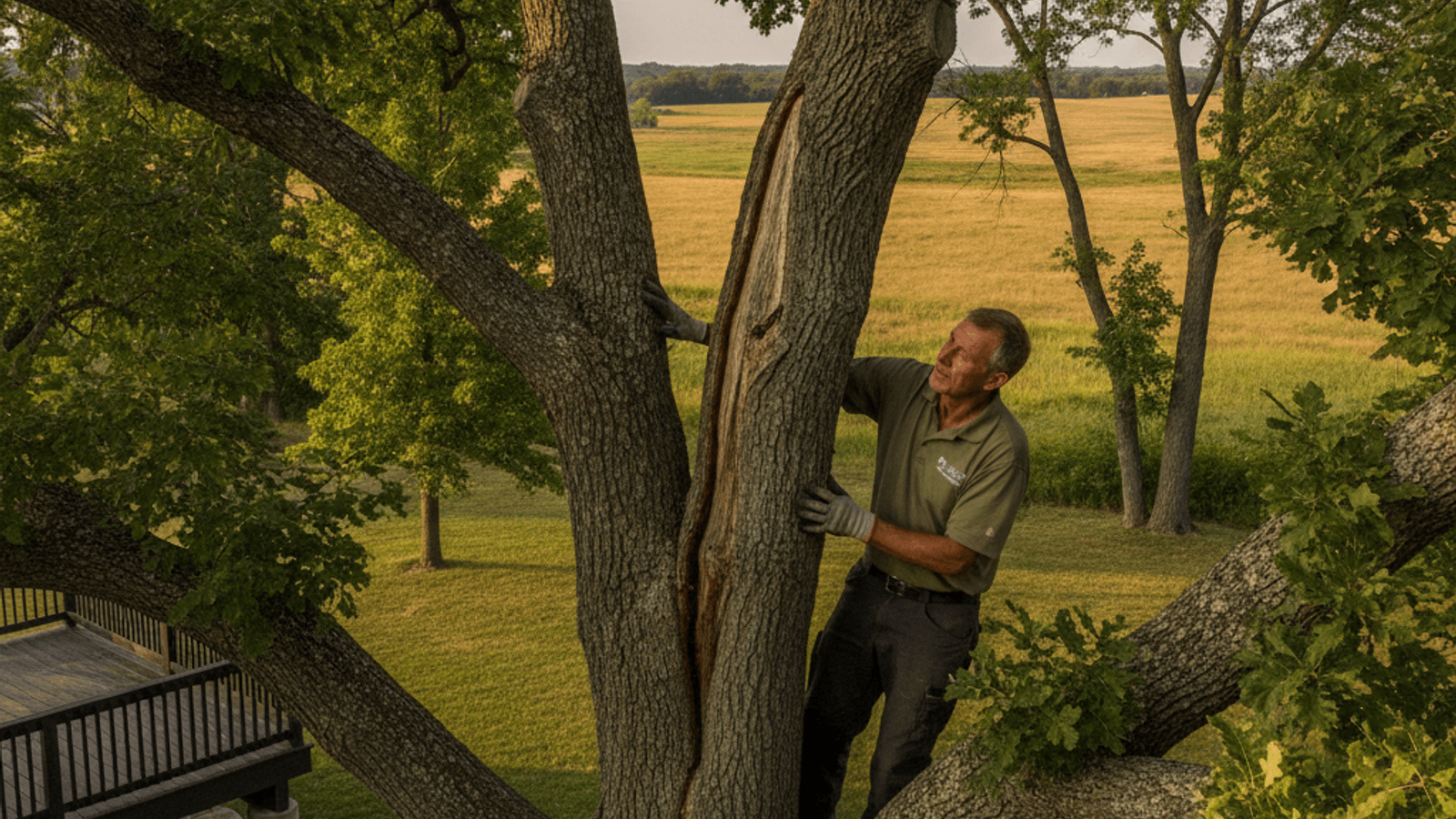 Mature bur oak with a visible split at a codominant stem union in a Topeka yard