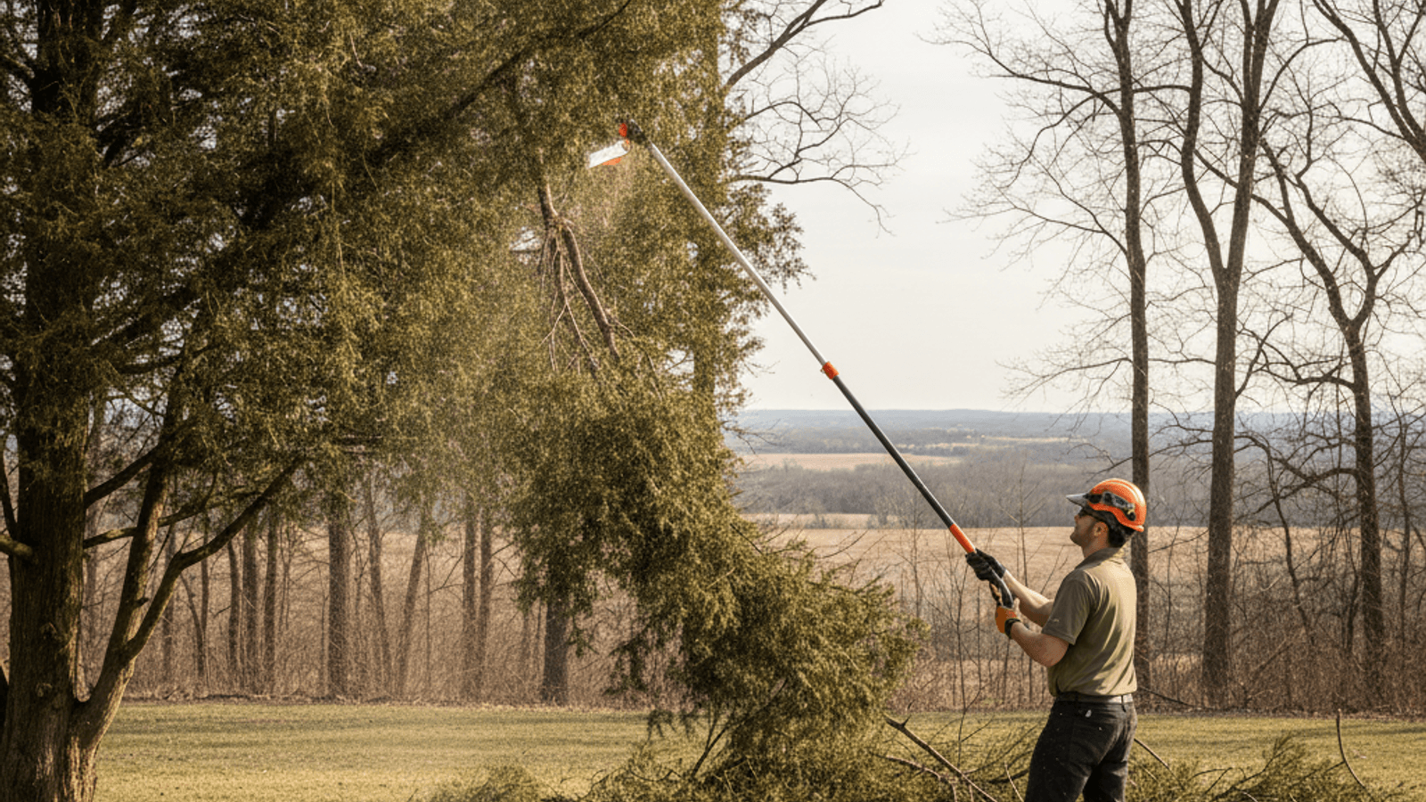 A dense eastern red cedar canopy being thinned with a pole pruner