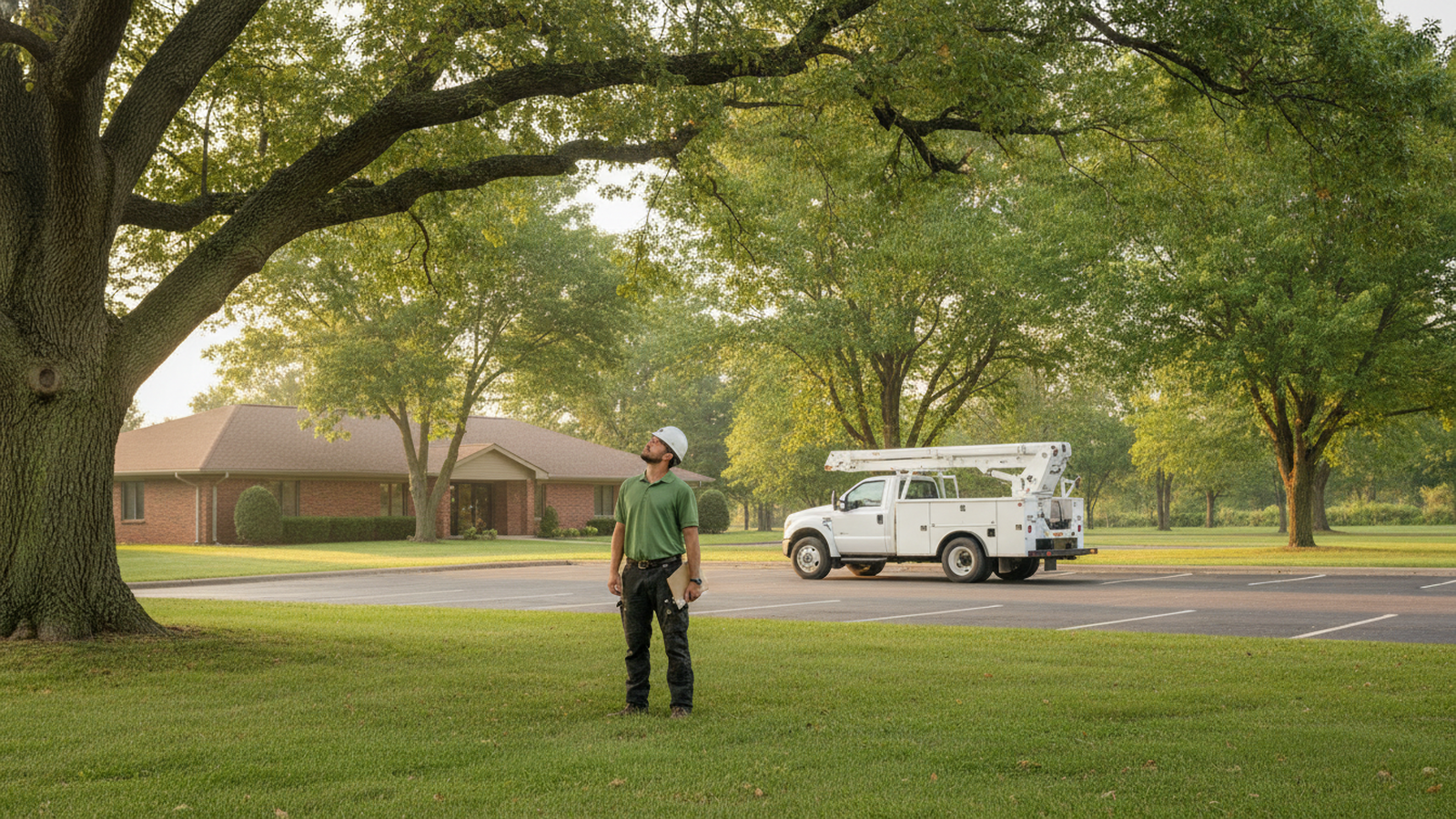 A mature oak on a commercial property, with a bucket truck staged in the lot behind
