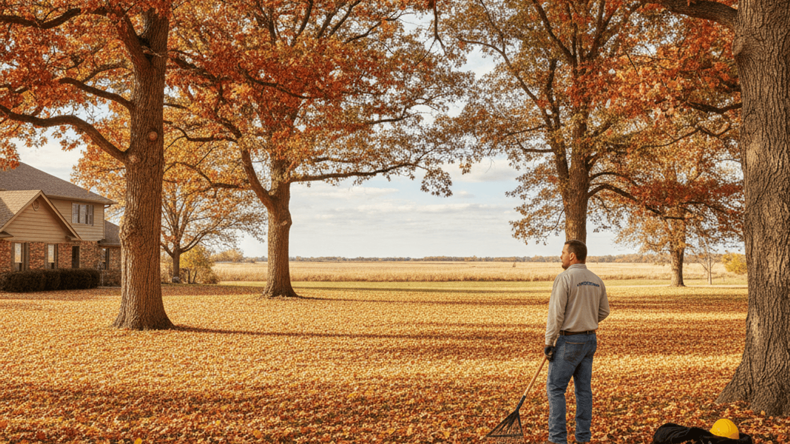 Scattered golden and reddish leaves blanketing a yard, with mature oak trees overhead