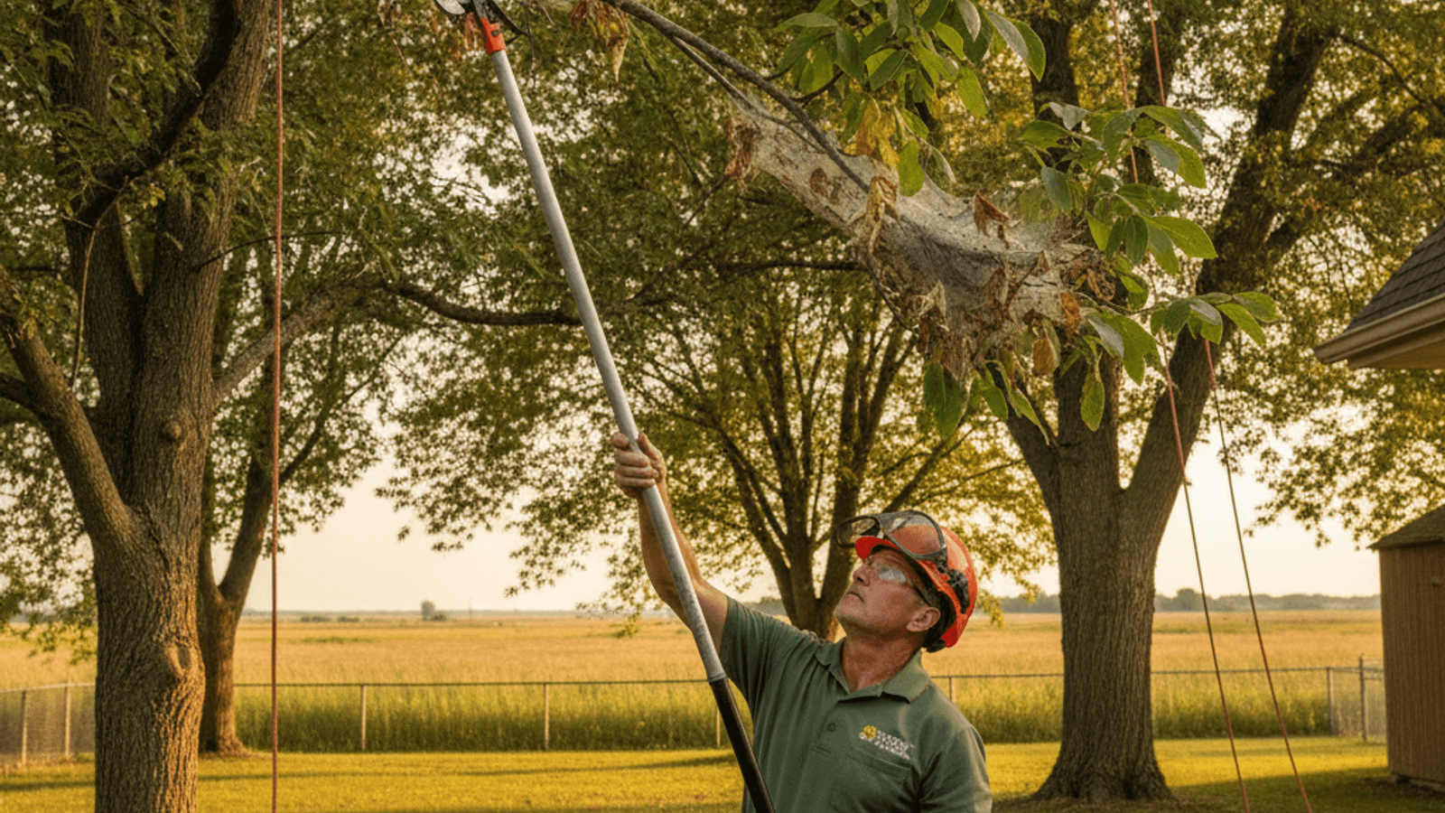 A pole pruner cutting out a fall webworm nest at the end of a branch