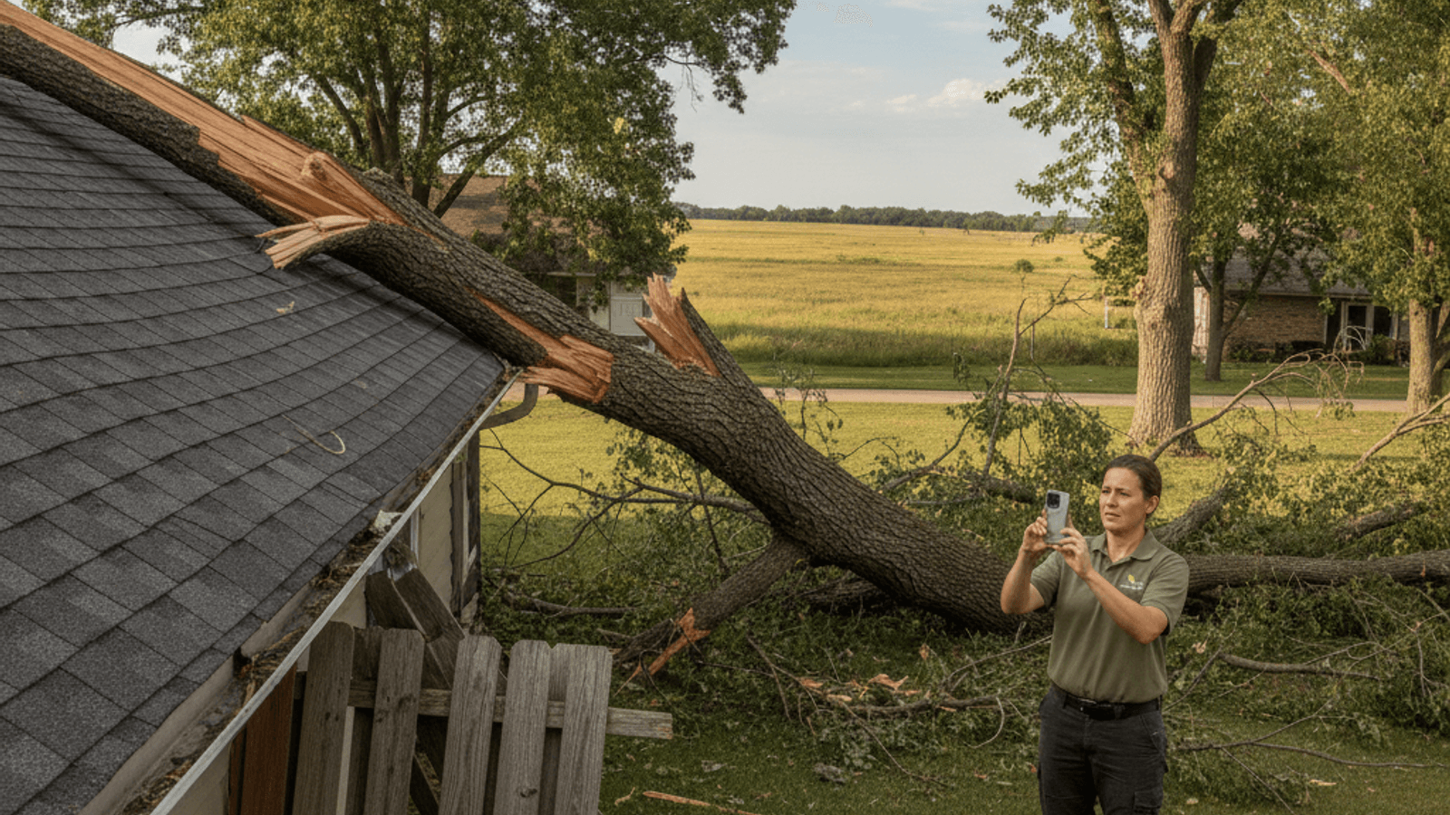 A large tree limb resting across a damaged section of roof and fence after a storm in Topeka