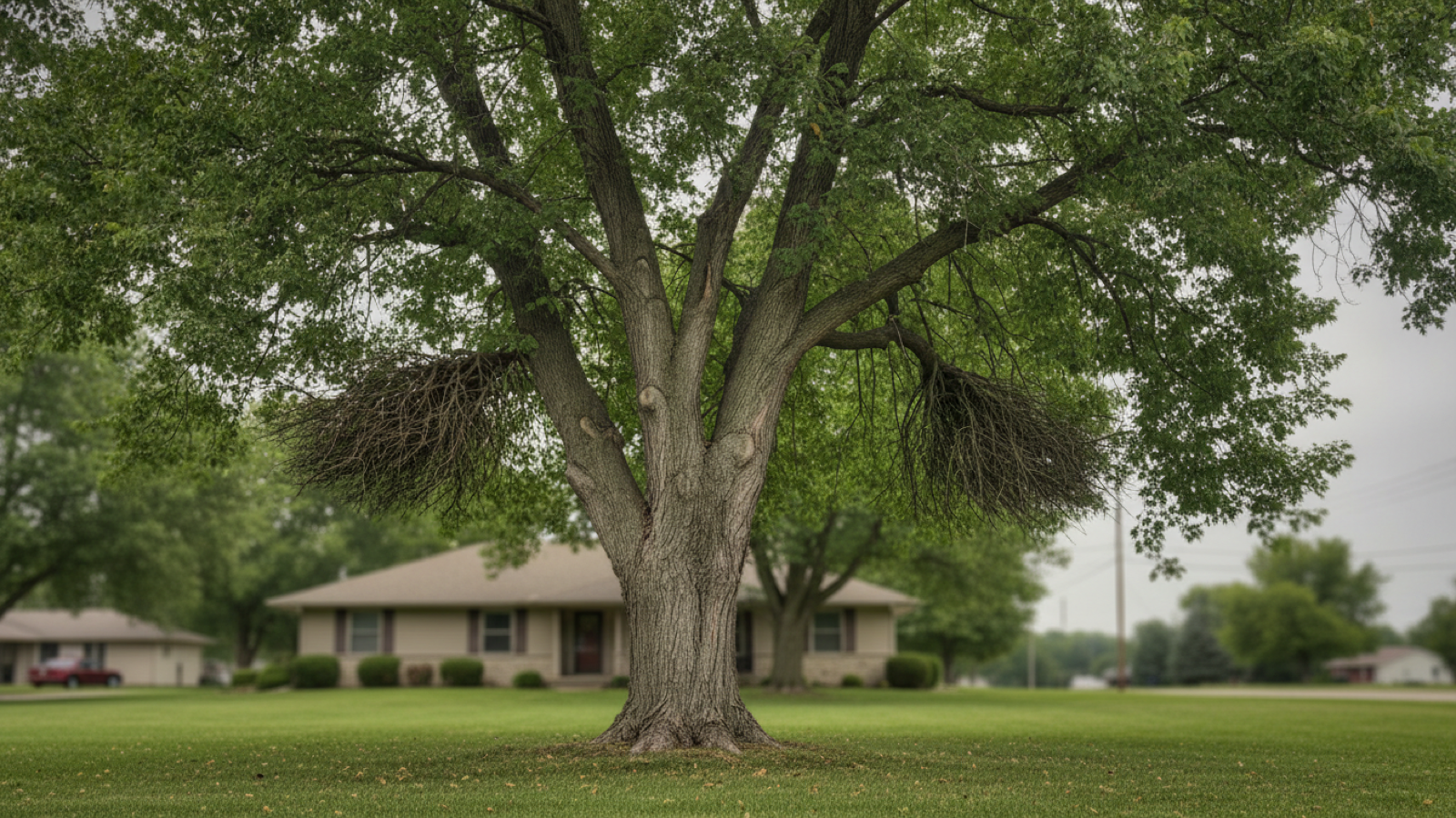 Mature hackberry with corky ridged bark and witches' brooms