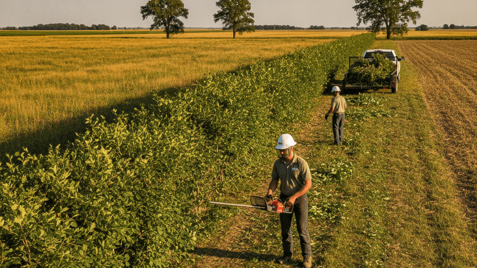 A long rural windbreak hedge row being trimmed with a power hedger