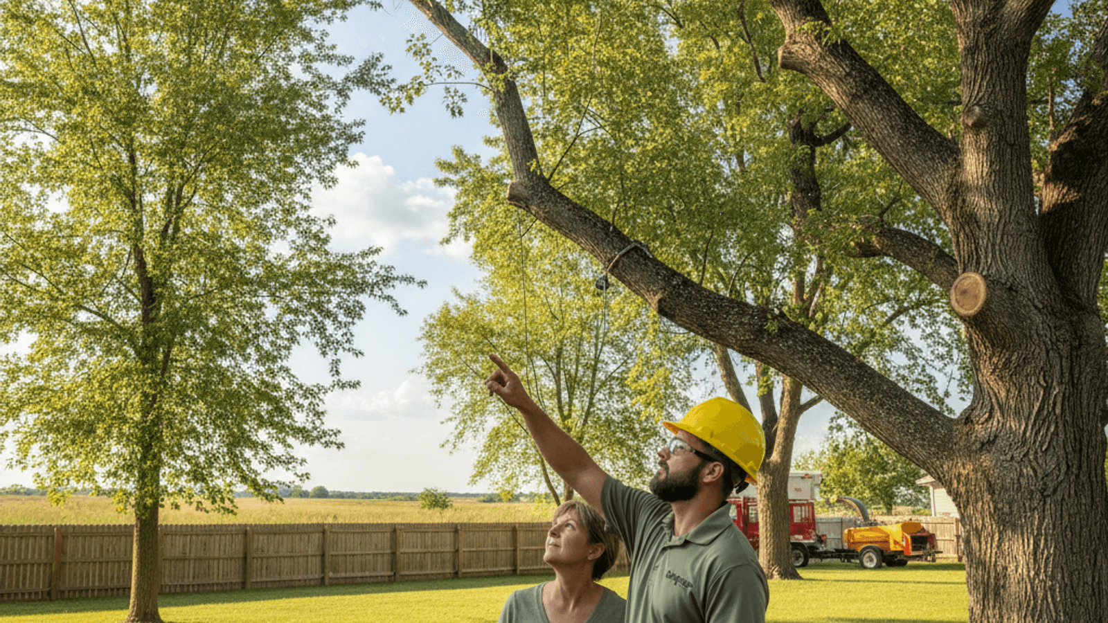 Tree service workers in work polos meeting with a homeowner in a yard