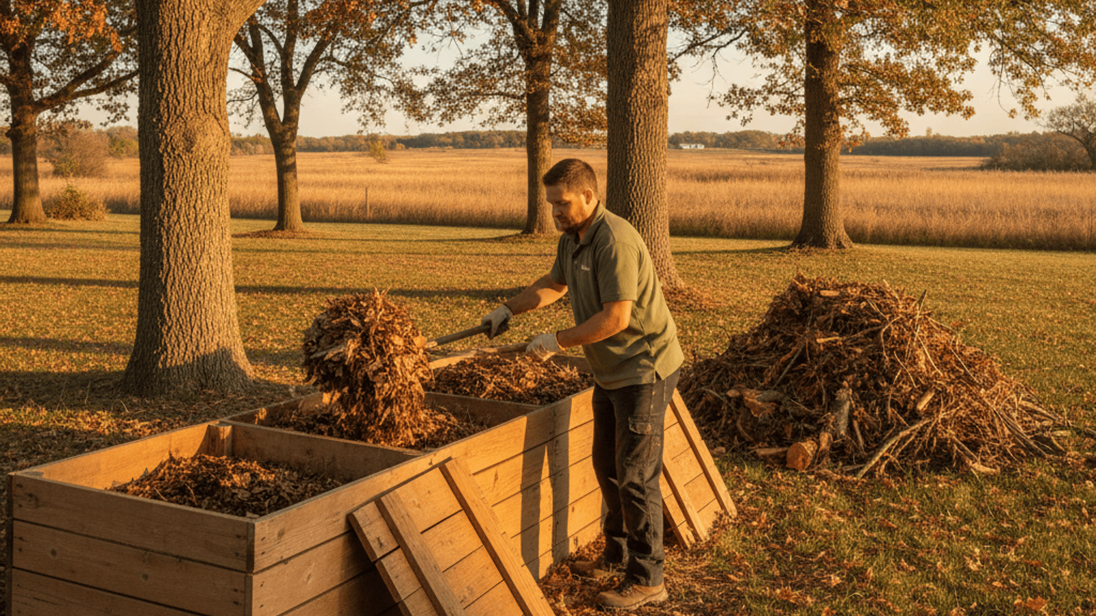 Wood chips and tree leaves being added to an open compost bin