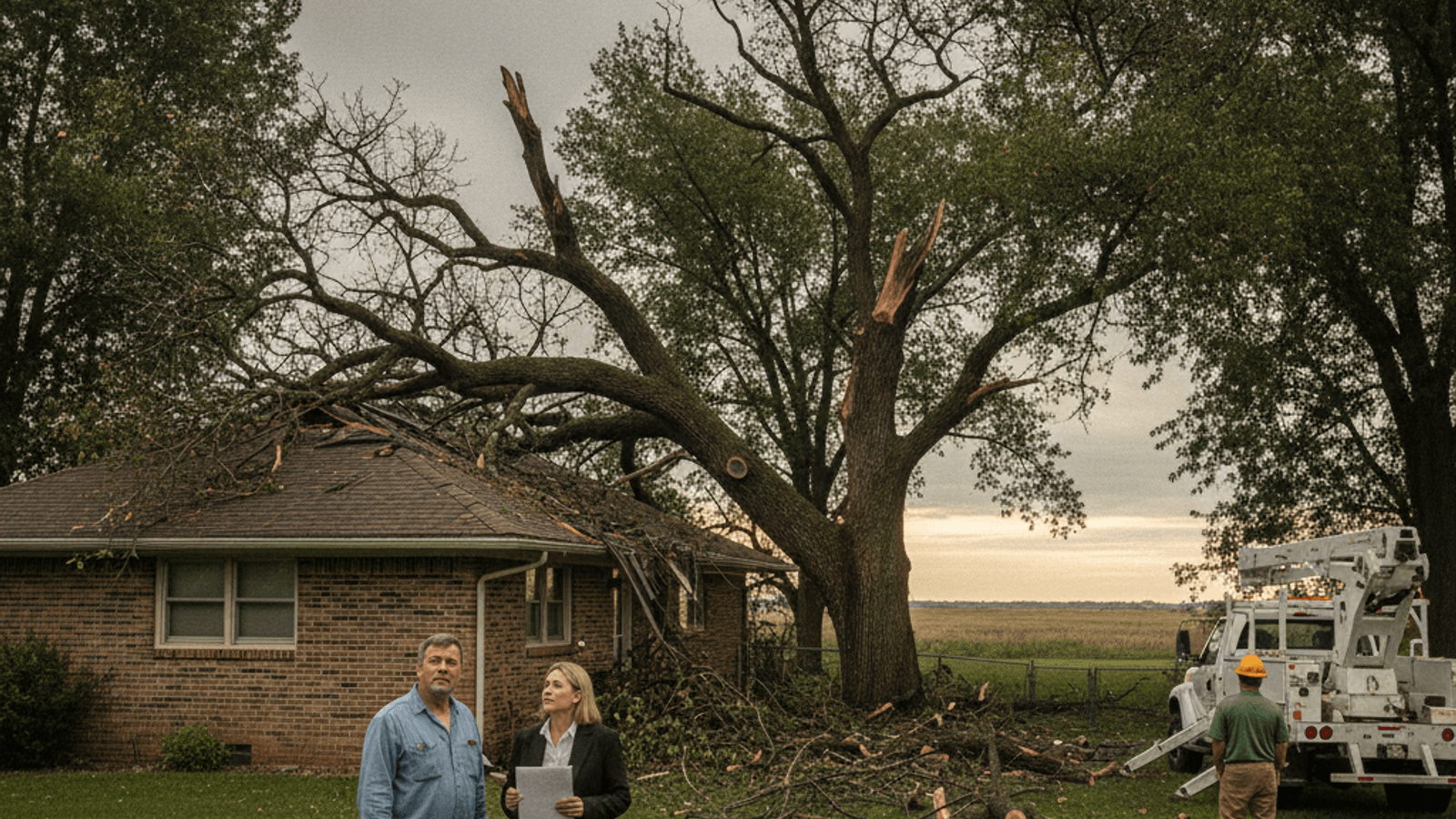 A large fallen tree resting against a home after a storm