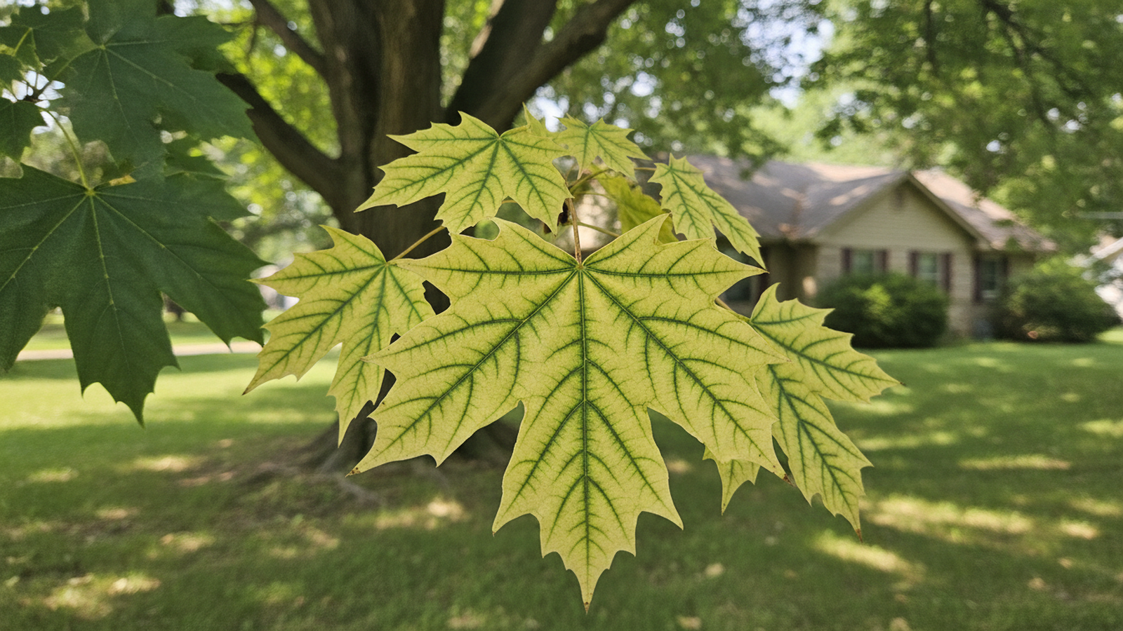 Maple leaves showing pale yellow tissue between dark green veins