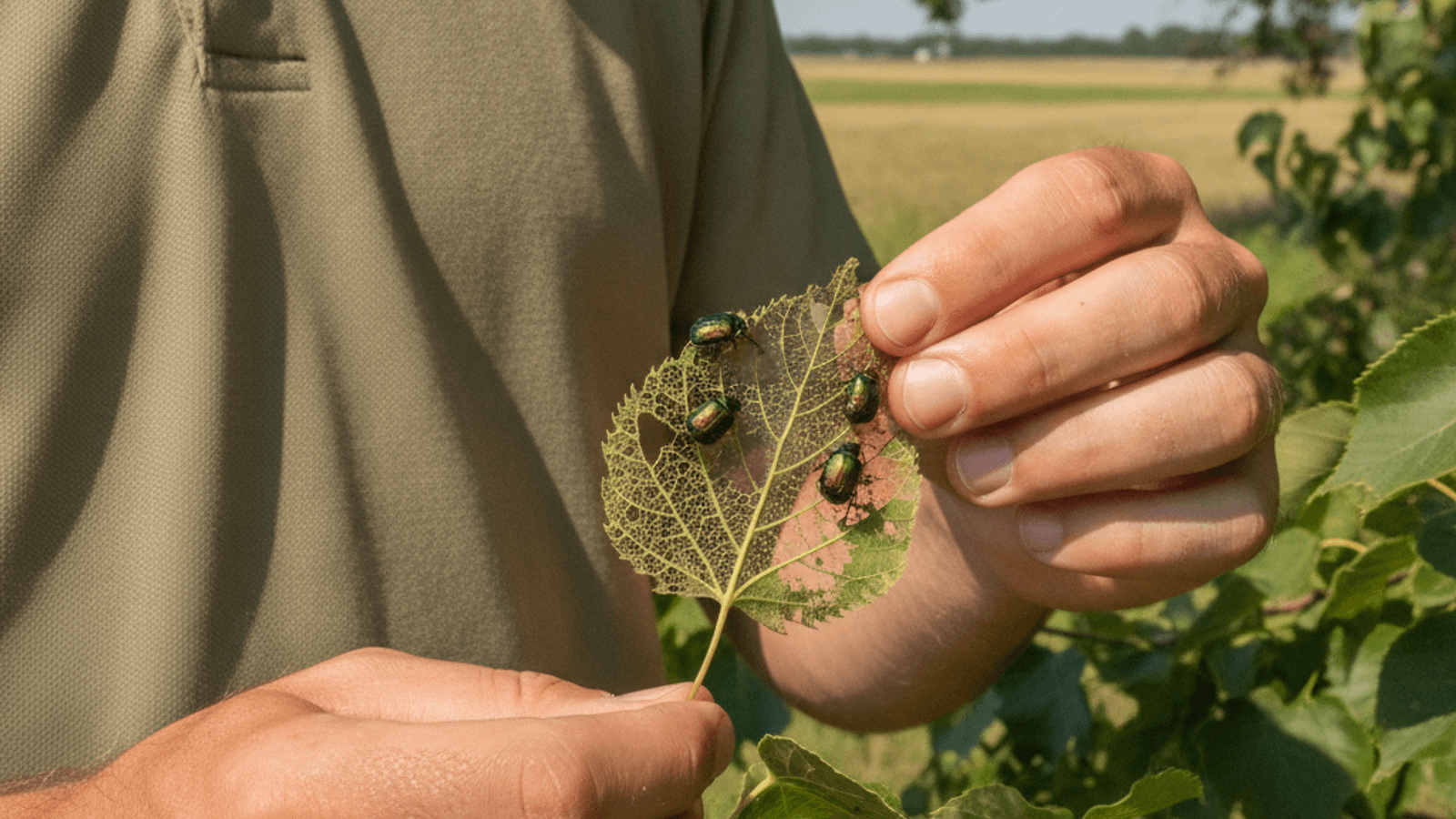 Littleleaf linden leaf skeletonized by beetles, with the leaf veins still visible