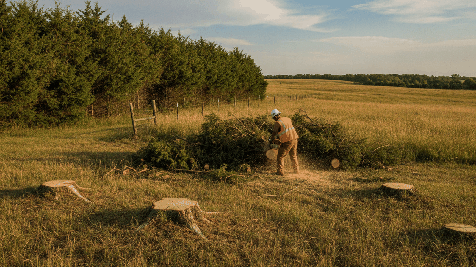 Eastern redcedar being cut along an overgrown pasture fence line, with cut stumps in the foreground
