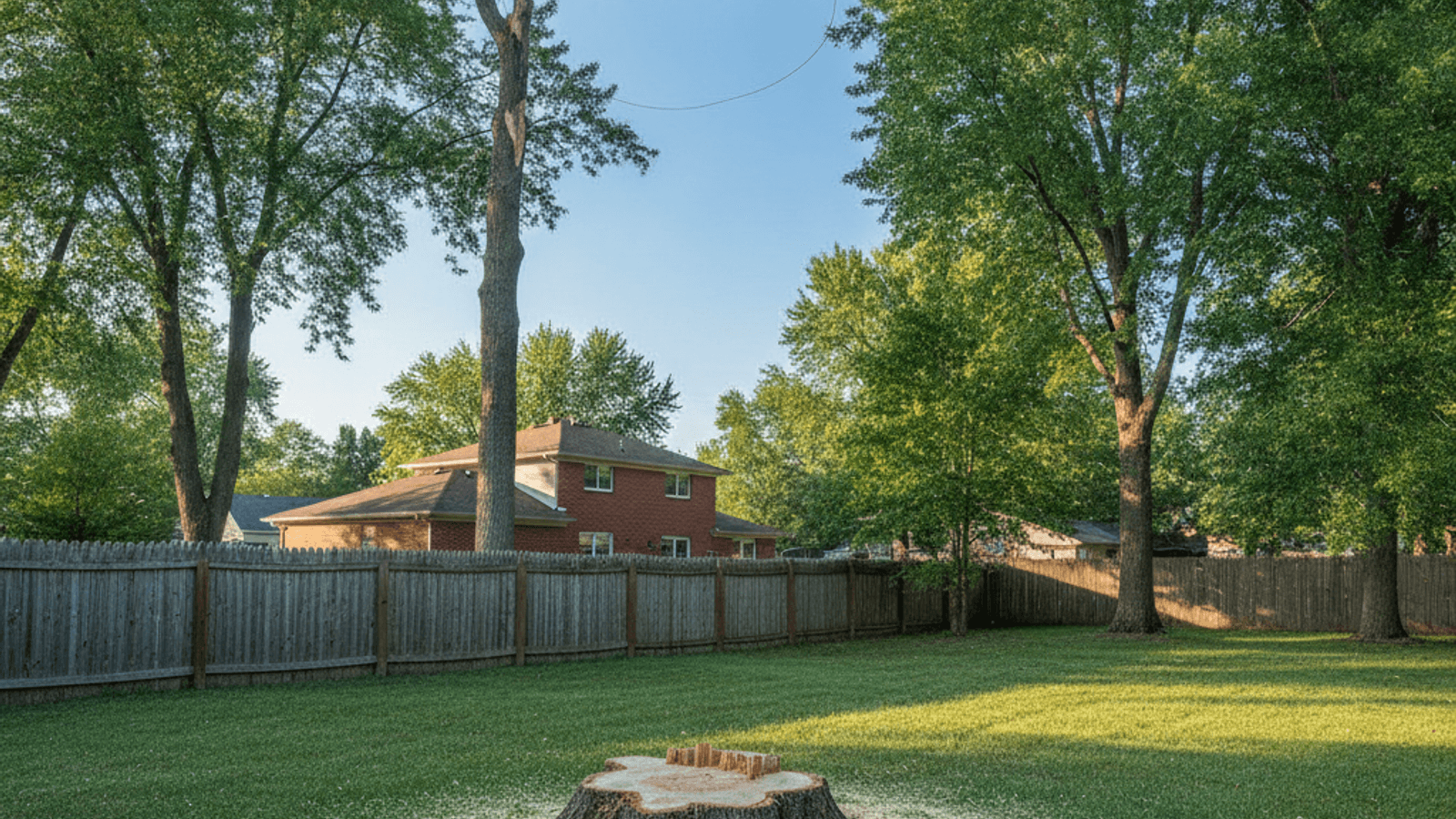 Freshly cut stump of a mature shade tree in a back yard, with a wooden property line fence and a neighboring house beyond