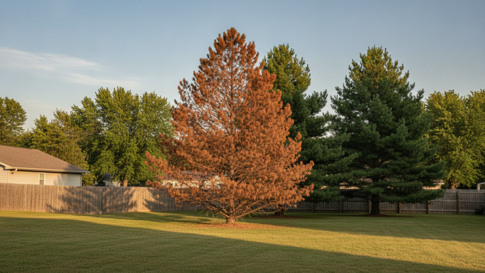 A Scots pine with brown, dead needles standing next to healthy green pines