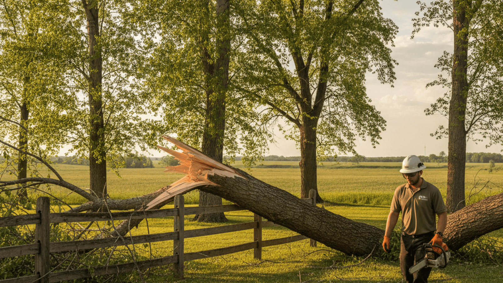 Large broken poplar limb resting across a wood fence after a storm