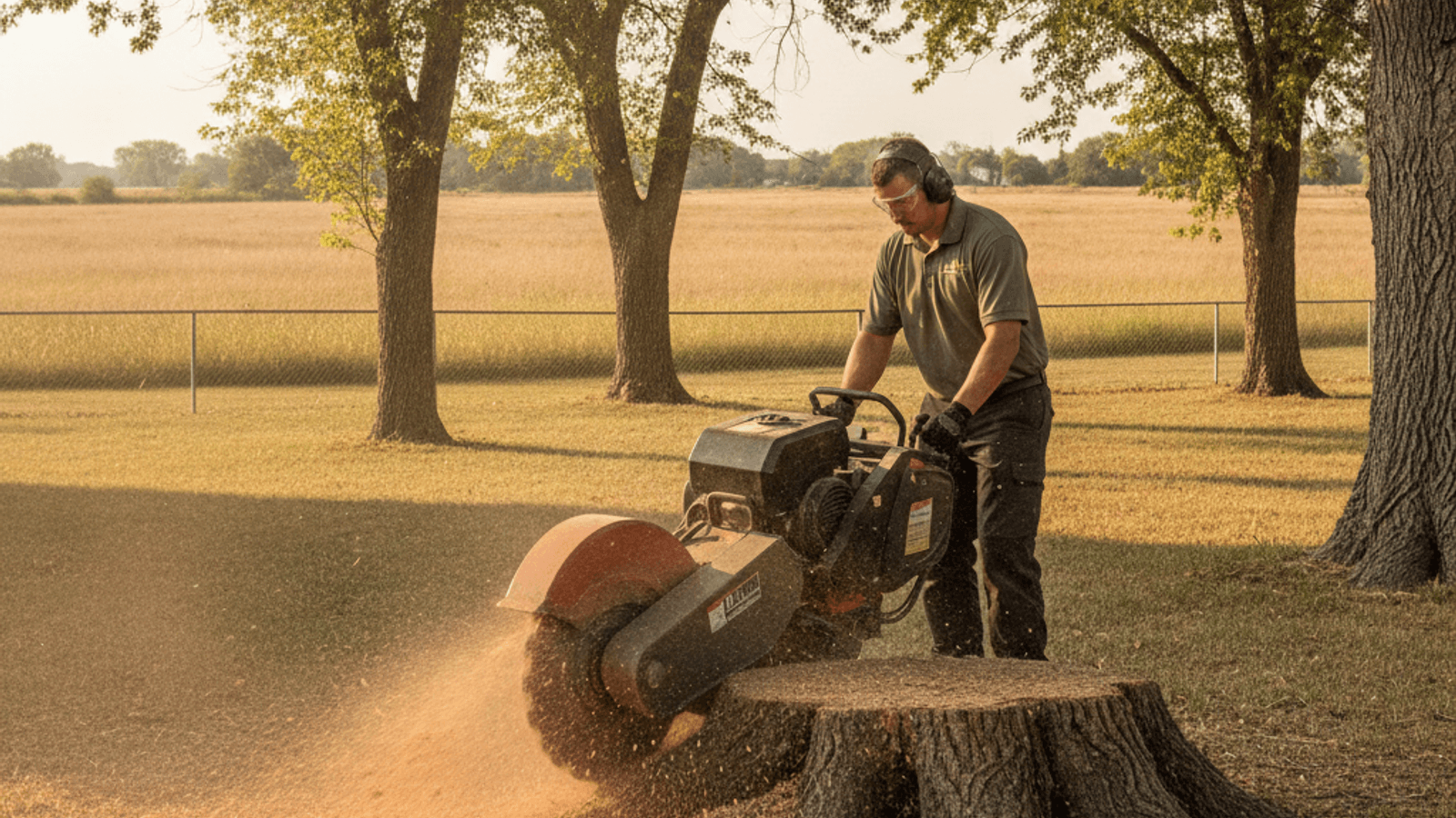 Stump grinder mid-cut through a large stump