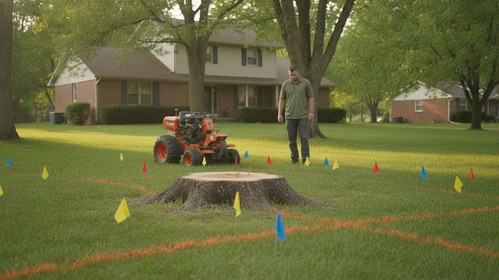 Fresh tree stump ringed by utility locate flags and paint lines, with a stump grinder parked nearby