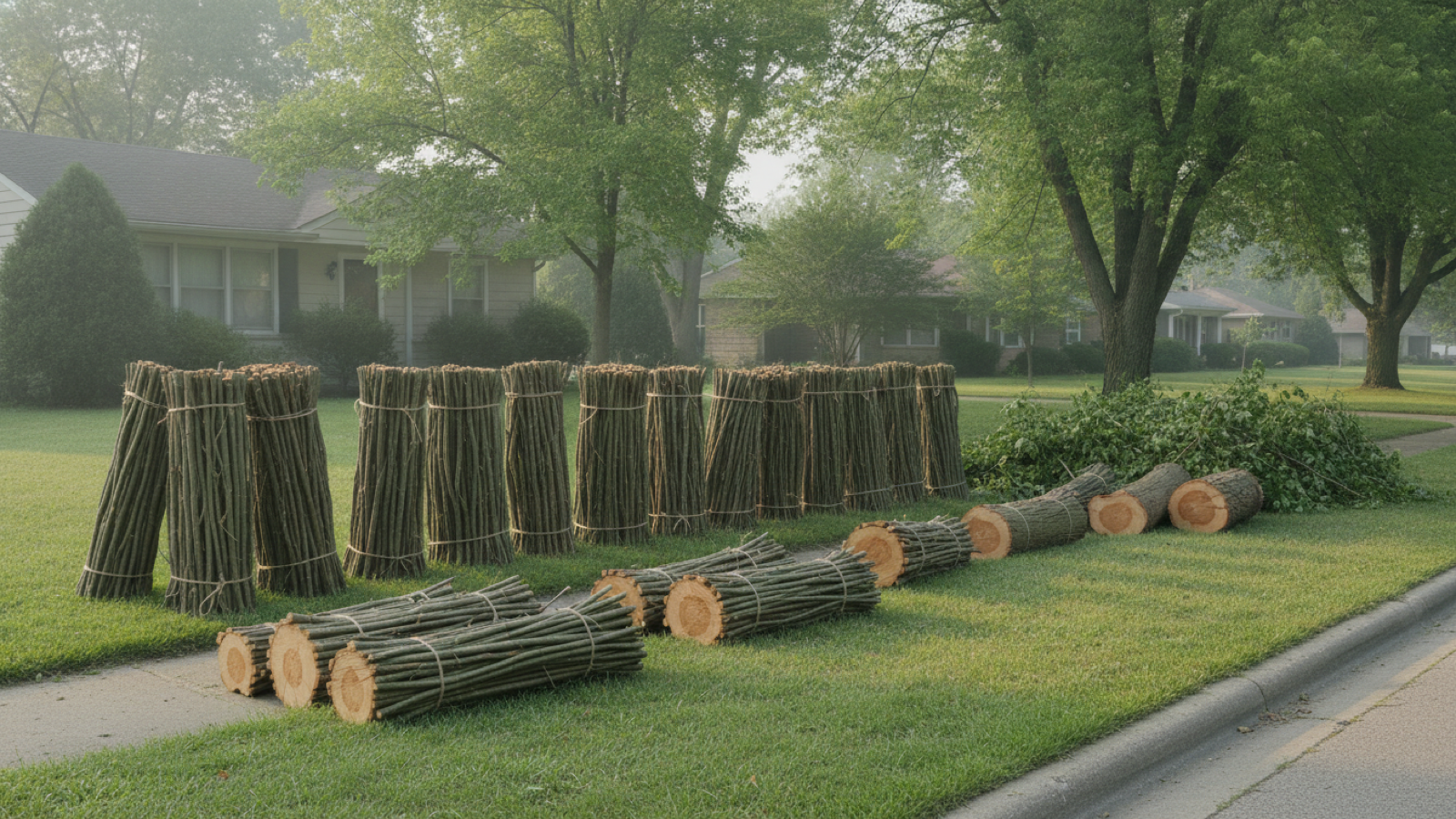 Bundled tree branches and cut logs stacked on a parkway strip at the curb of a residential street