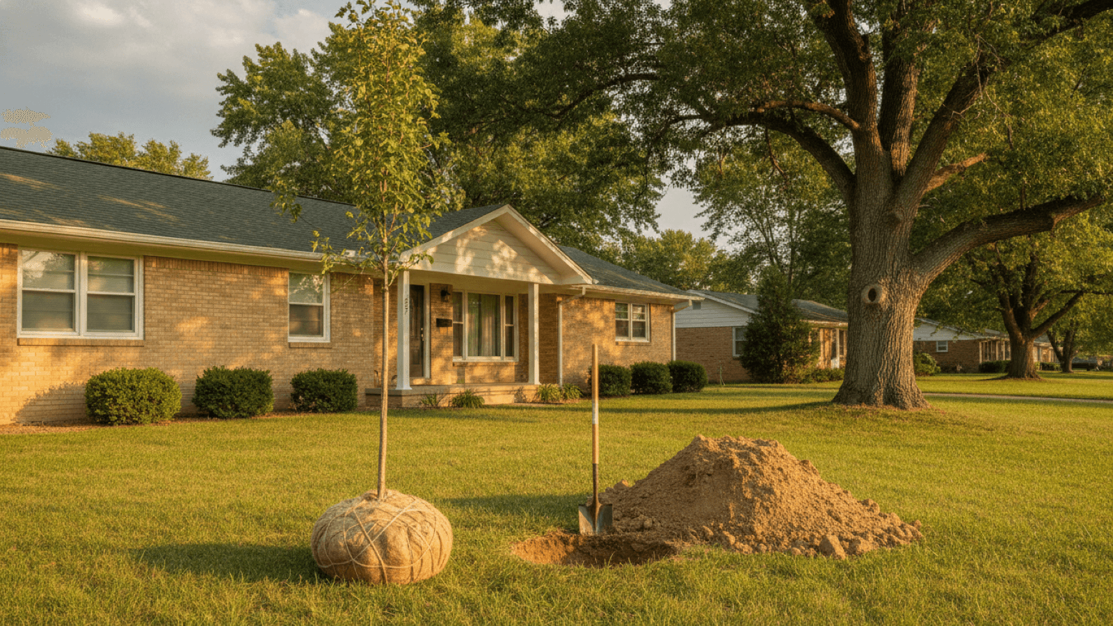 Young balled-and-burlapped shade tree beside a freshly dug planting hole and a mound of clay soil in the front yard of a brick ranch house, with a mature bur oak behind
