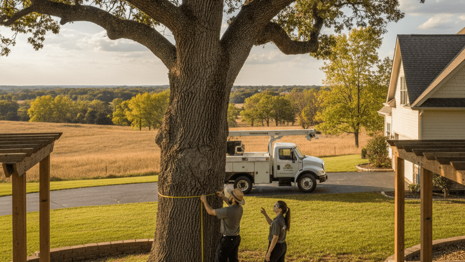 Large mature oak tree in a Topeka backyard being assessed for removal