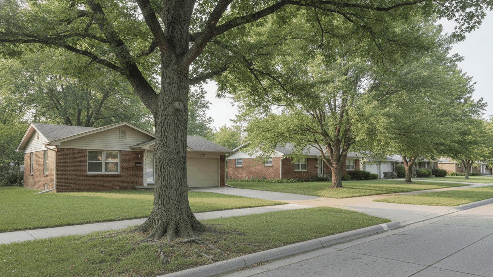 Street tree in the parkway strip between sidewalk and curb on a residential street