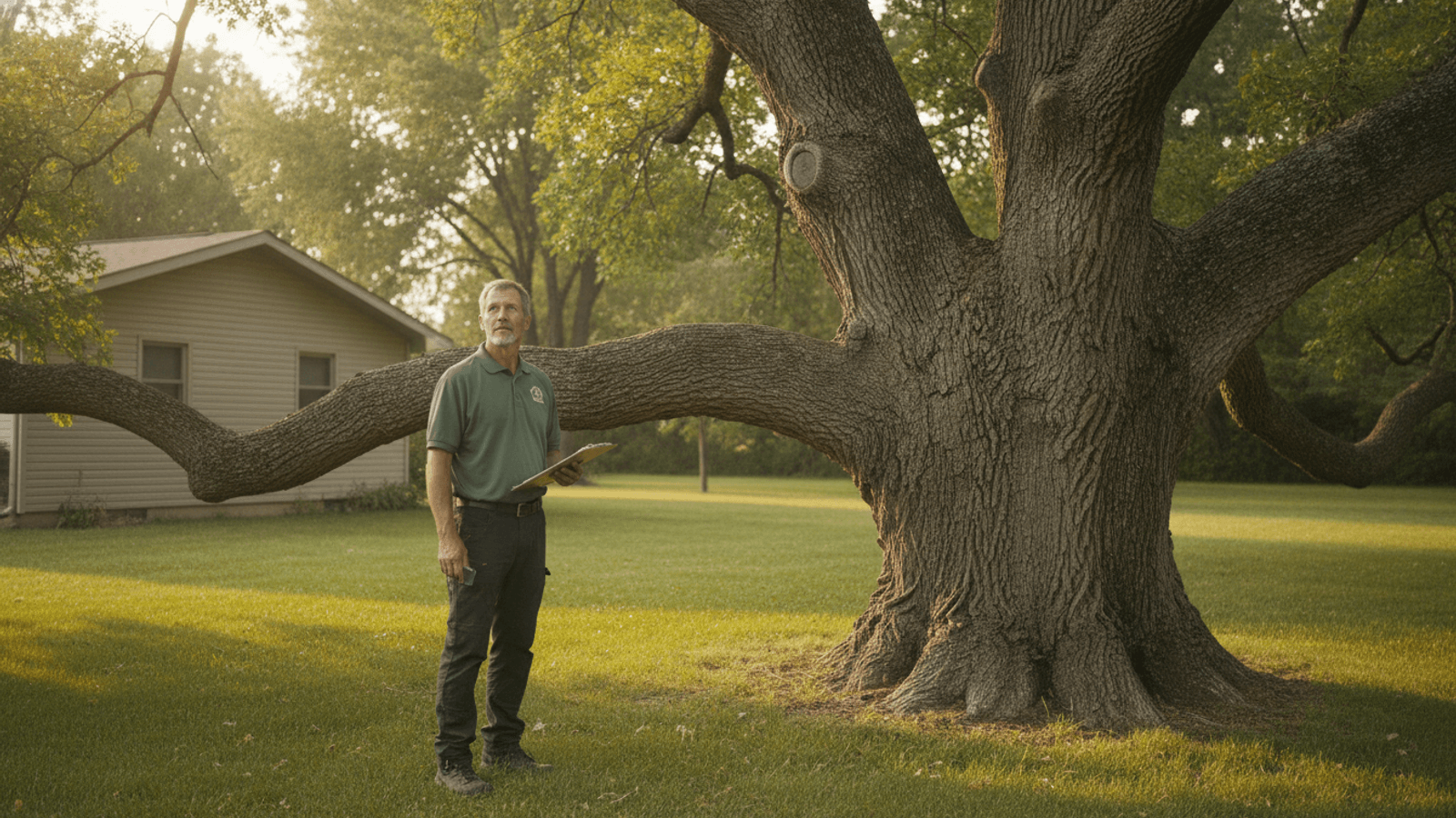 Person with a clipboard inspecting the trunk union of a mature bur oak in a back yard