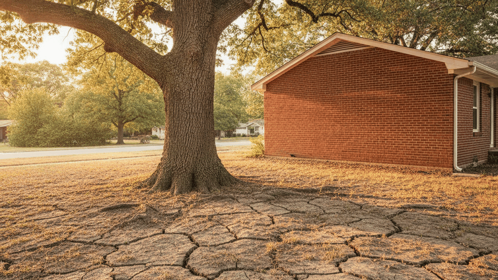 A mature bur oak beside a red brick house, with wide shrinkage cracks opening across a dry clay yard between the trunk and the house