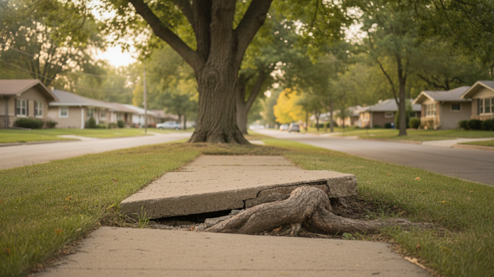 A sidewalk panel tilted and cracked upward by a large tree root on a residential street