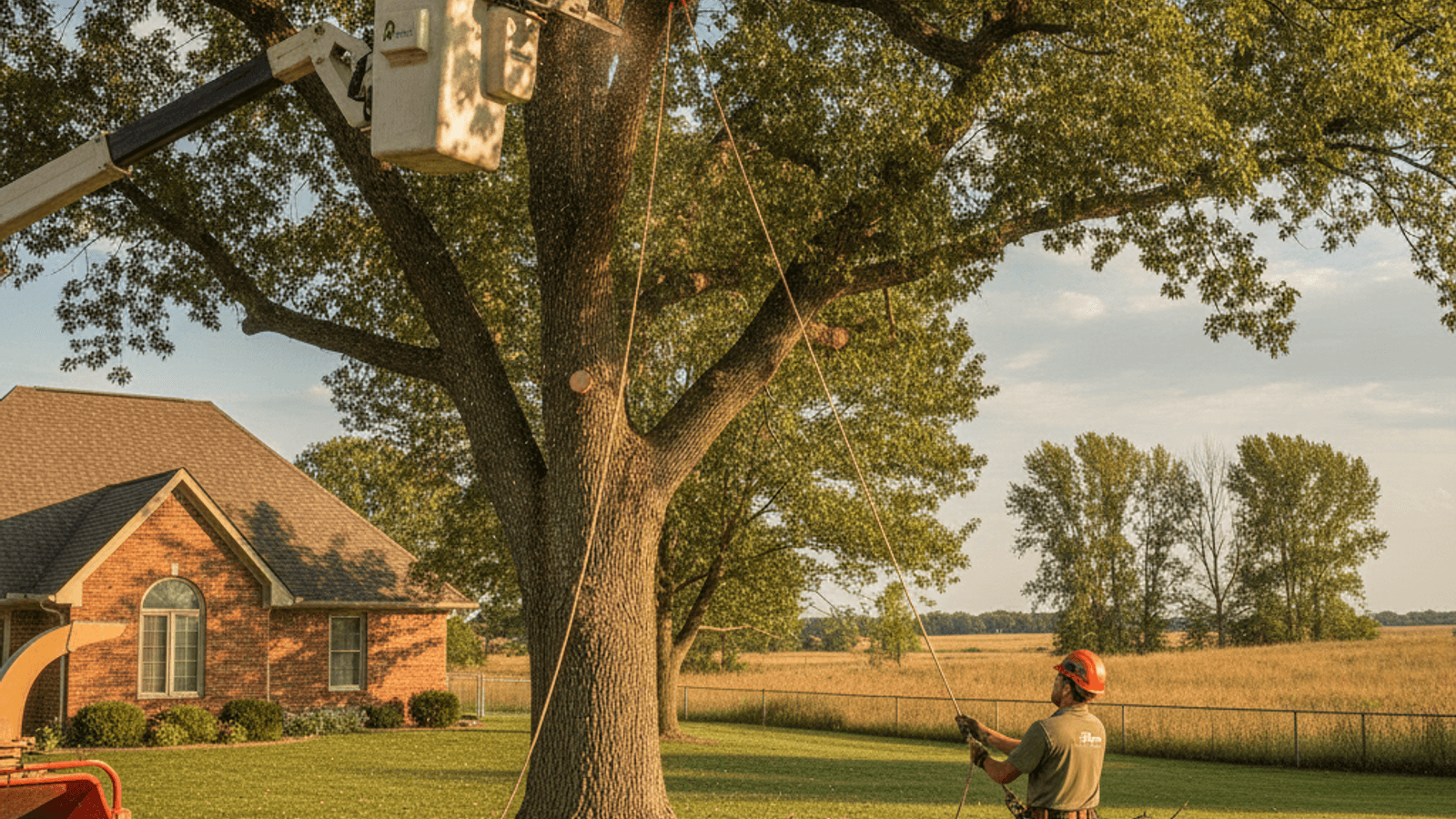 Two crew members thinning a dense mature bur oak canopy from a bucket truck
