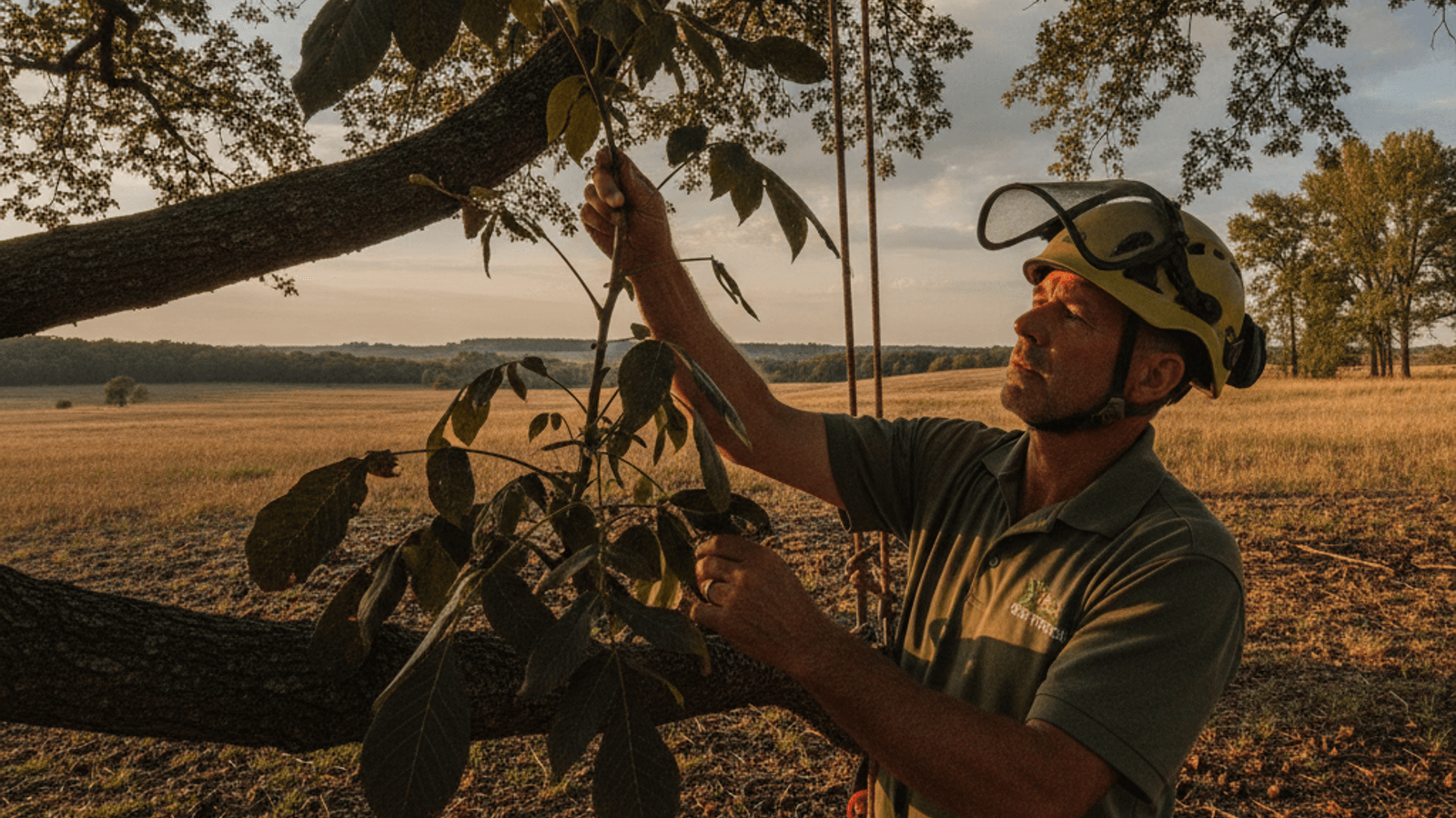 Person examining walnut tree branches with dark compound leaves in a yard