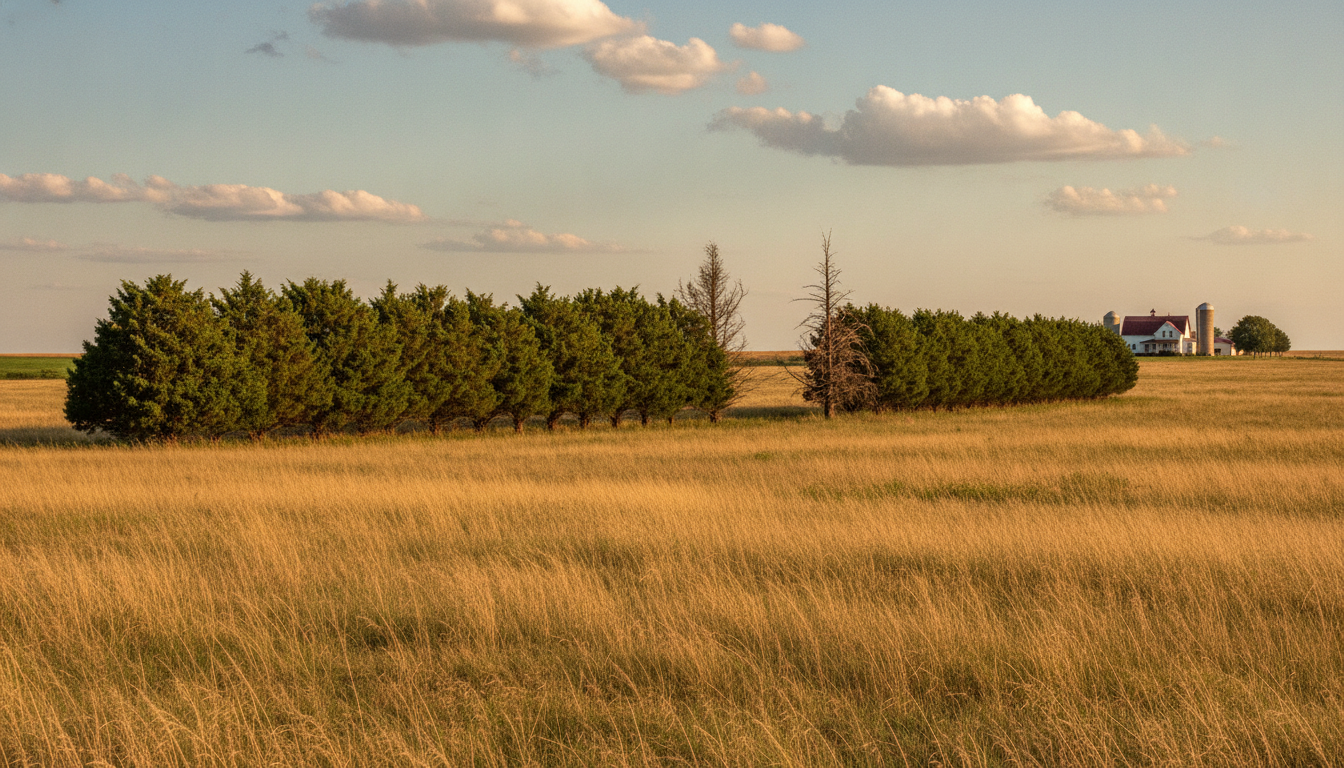 Illustration of an aging eastern redcedar windbreak row with a mid-row gap of dead trees