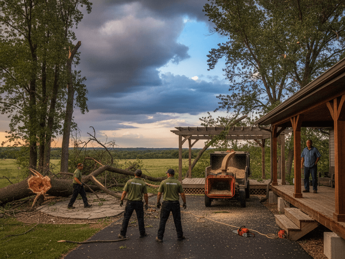 Crew clearing storm-damaged tree limbs from a Topeka yard