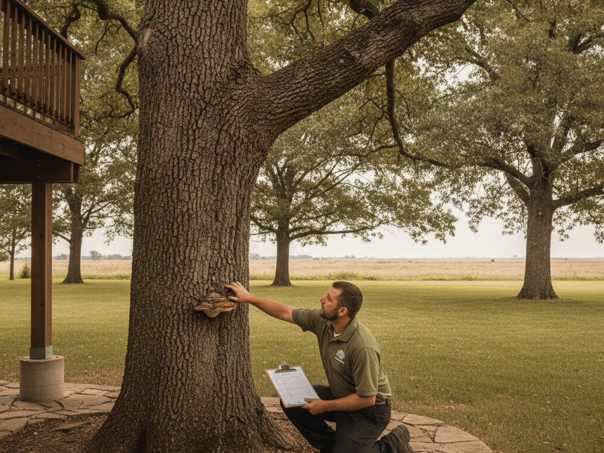 Arborist inspecting bark and canopy health on a mature tree