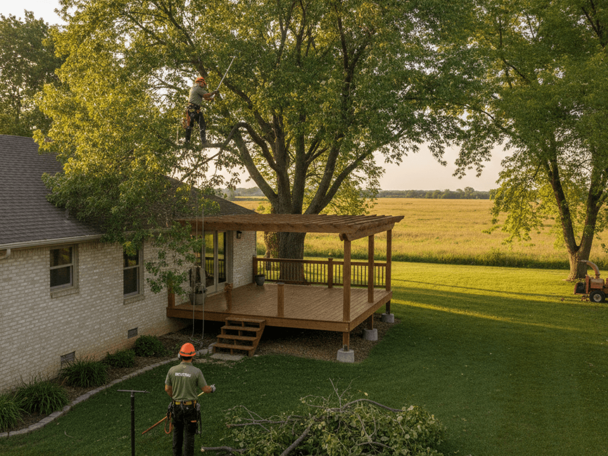 Arborist trimming a mature tree canopy in a Topeka yard